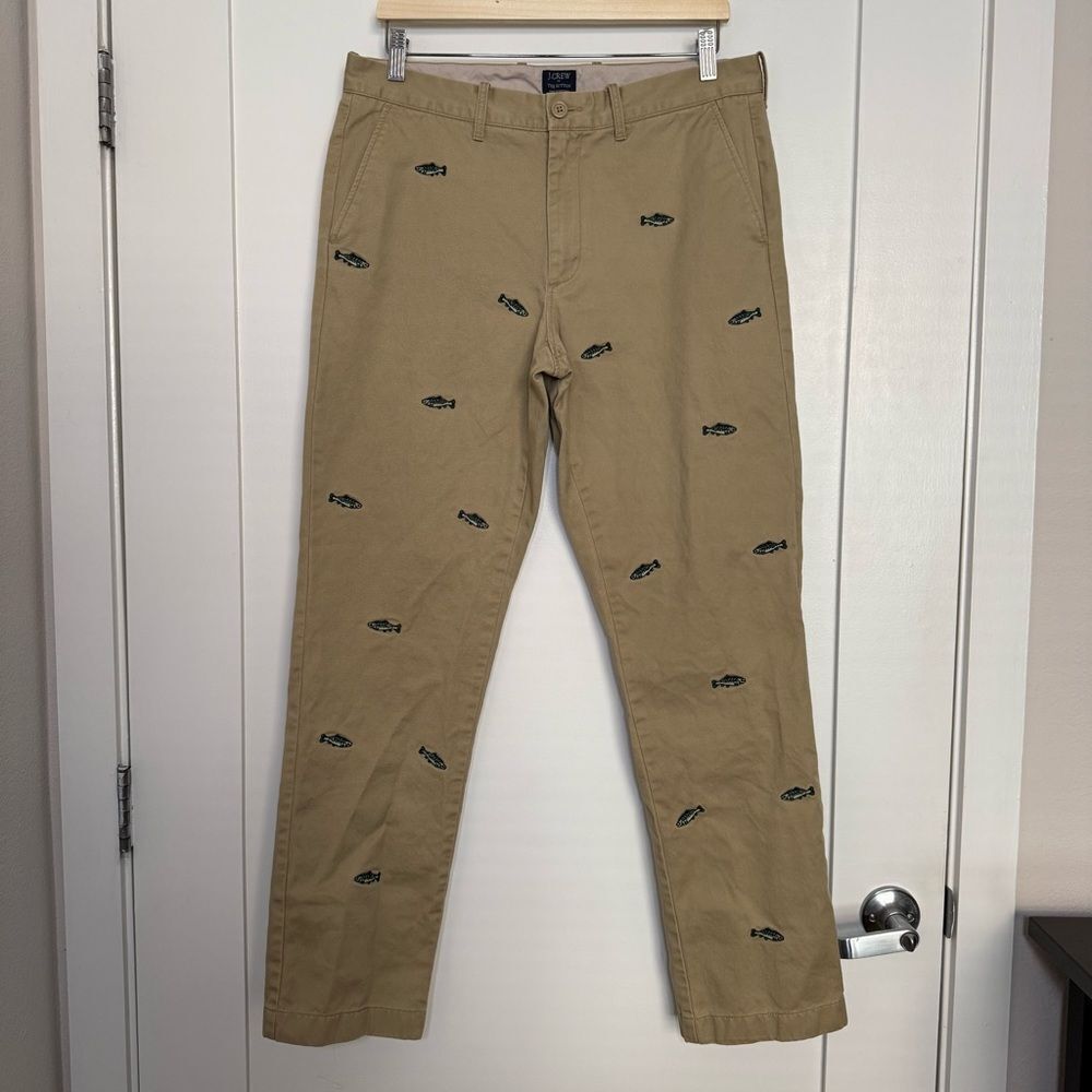 J Crew The Sutton Chino Pants Mens 33x32 Tan Straight Embroidered Fish Cotton